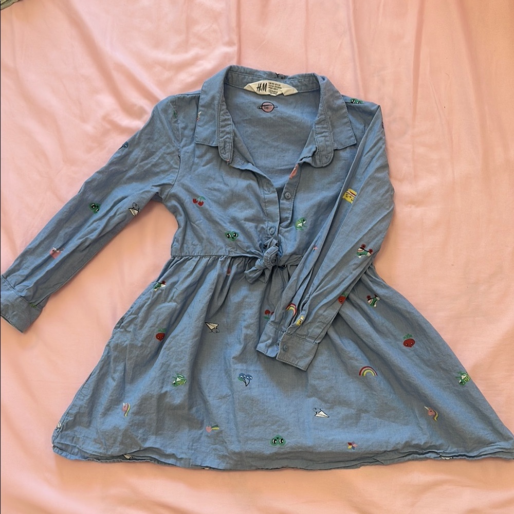 H&M Blue Buttoned Smocked Sundress with Cuffed Sleeves
